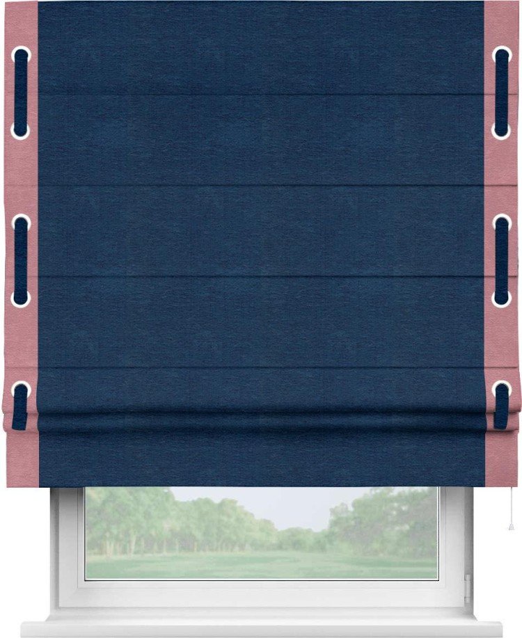 Римская штора «Кортин» с кантом Стрим Дуо (люверсы с пояском), для проема, ткань софт однотонный синий