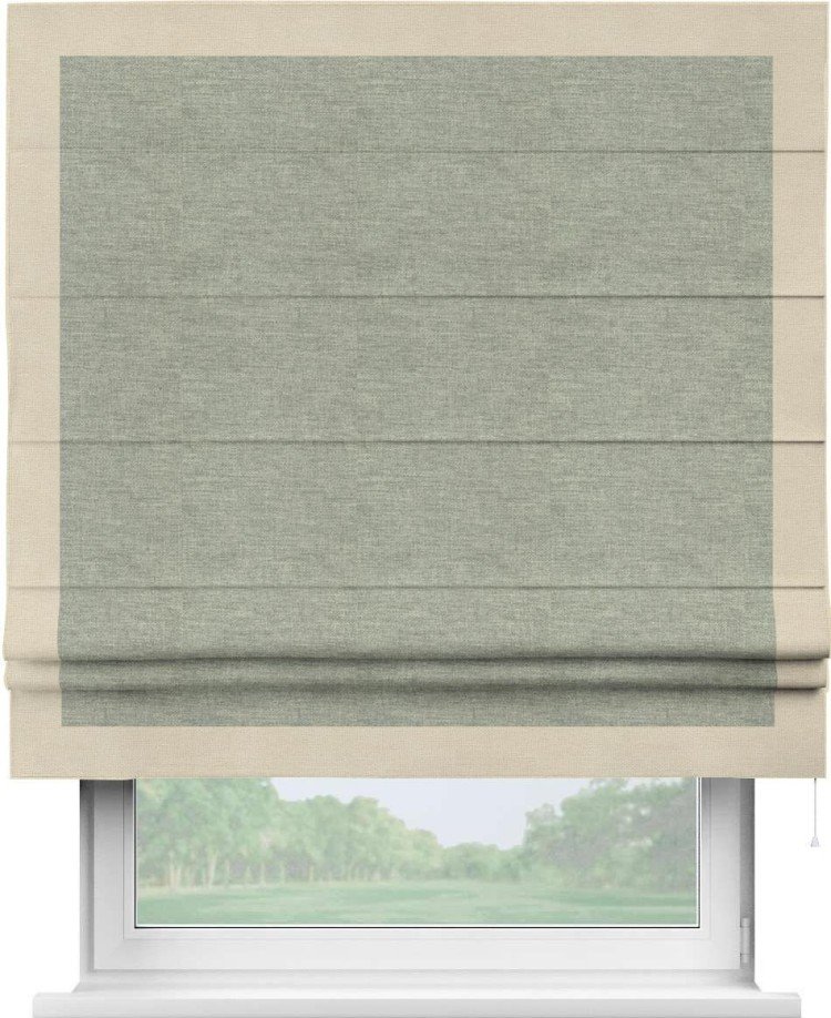 Римская штора «Кортин» с кантом Чесс, для проема, ткань лён кашемир серо-зелёный
