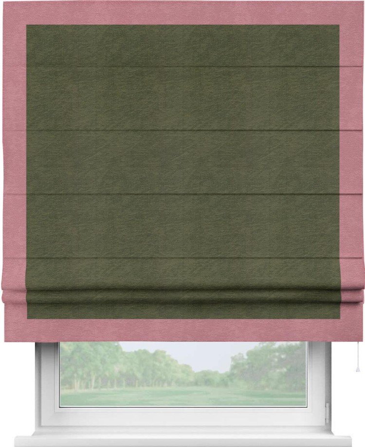 Римская штора «Кортин» с кантом Чесс, для проема, ткань софт однотонный зелёный