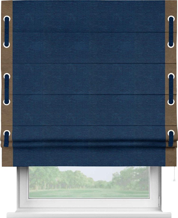 Римская штора «Кортин» с кантом Стрим Дуо (люверсы с пояском), для проема, ткань софт однотонный синий