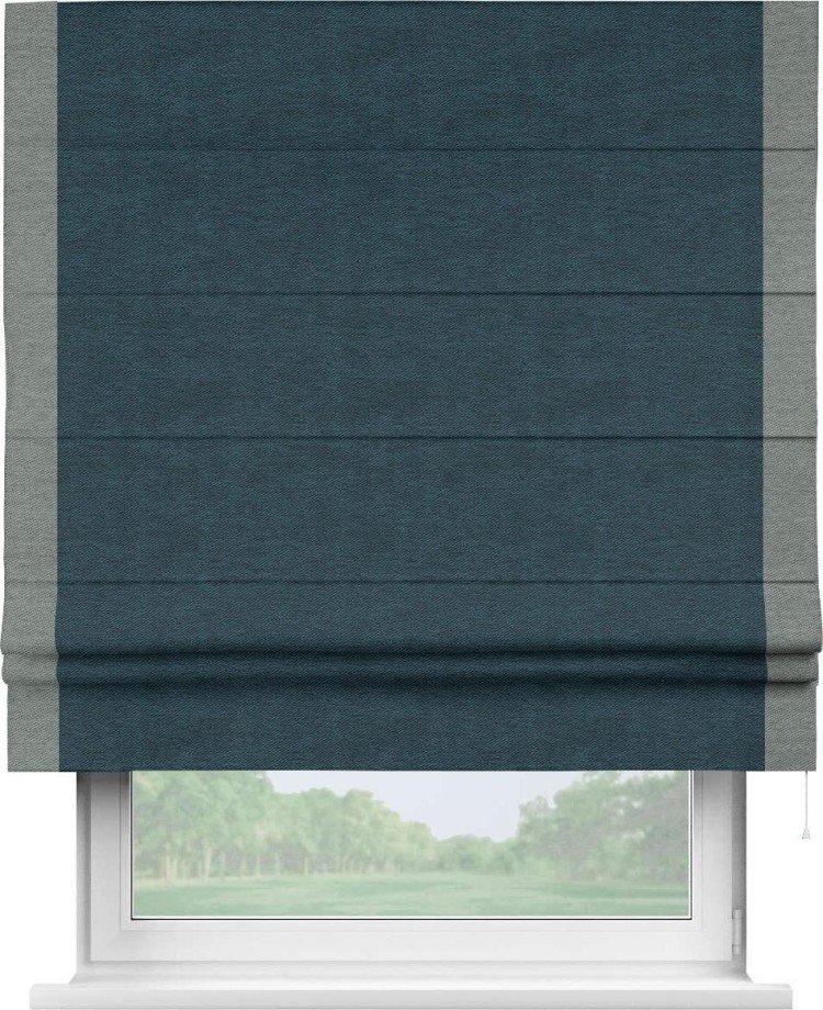 Римская штора «Кортин» с кантом Стрим Дуо, для проема, ткань твид блэкаут, глубокий синий