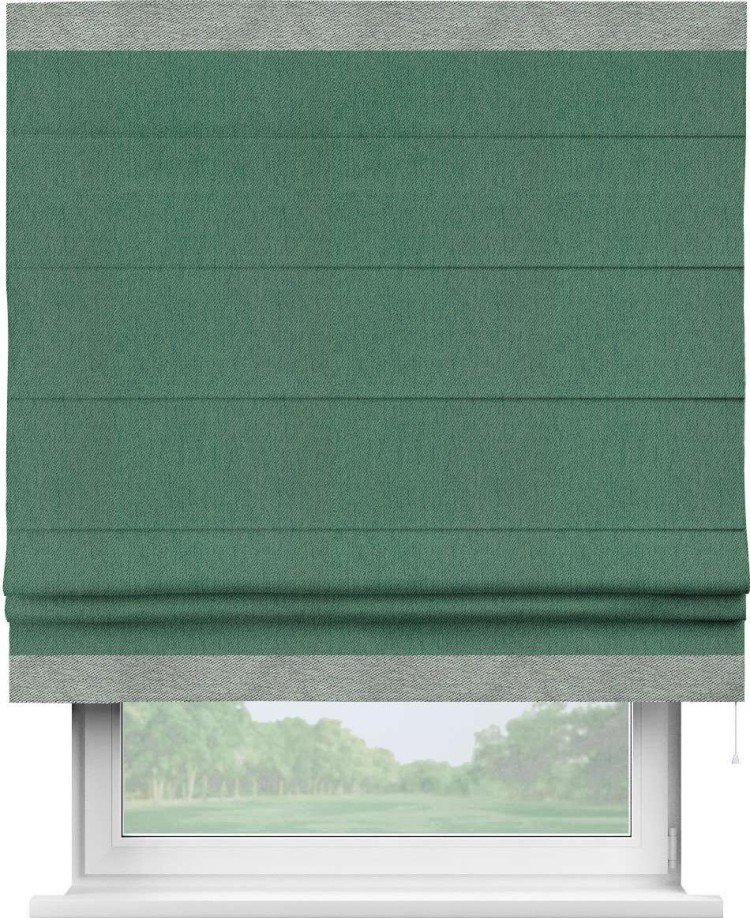 Римская штора «Кортин» с кантом Горизонт, для проема, ткань твид блэкаут, зелёный