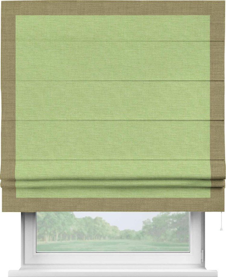 Римская штора «Кортин» с кантом Чесс, для проема, ткань лён зеленый